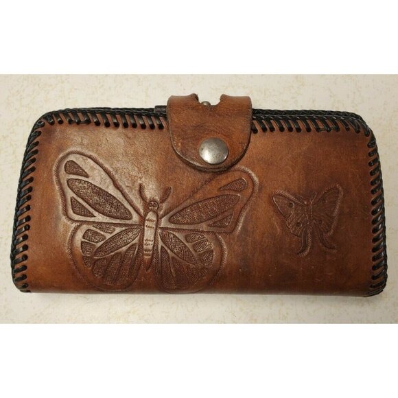 Vtg Hand Tooled Butterfly Brown Leather Wallet Coin Pocket, 7.5" x 4" - Picture 1 of 8